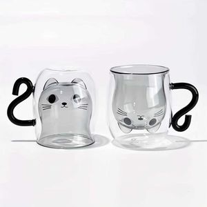 Tumblers 1pc Cat Glass Coffee Mug Heat Resistant Double Walled Espresso Cups Cute Kawaii Kitten Water Summer Winter Drinkware H240506