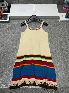 Fashion Design Stripe Patchwork Knit Sequin Long Dress Women Sleeveless Straight Sweet Tassels Dresses