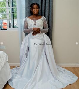 ASO EBI MERMAid Brautkleider mit abnehmbarem Zug Perlen Langarm Nigeria Afrikanische Landbrautkleid 2024 2 in 1 Plus Size Church Bride Vestio Novia Mariage