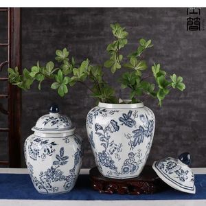 Vasos azul e branco Porcelana Jar Vaso Decoração em casa Acessórios para arranjos de flores secas Gengibre com tampa