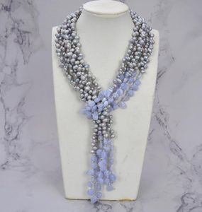 Guaiguai Jewelry 3 Strands Grey Pearl Blue Chalcedony Agates Длительное ожерелье ручной работы для женщин настоящая драгоценные камни Каменная леди мода Jewelle5613143