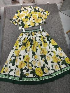 Work Dresses Fashionable And Elegant Summer Yellow Print Short Blouse High Waist A-shaped Skirt Two-piece Women's Suit