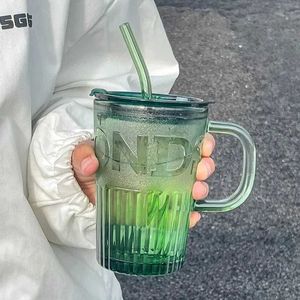 Tumblers 400ml Retro Stripe Cam Kupası Şeffaf Gözlük Kapak ve Saman Kahve Kupa Kabarcık Çay Suyu Bira Süt Bardakları H240506