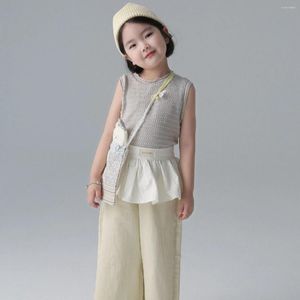 Set di abbigliamento Korea per bambini 2024 estive ragazze estive senza maniche gilet da maglia da maglieria pantaloni gamba larga vestiti per bambini