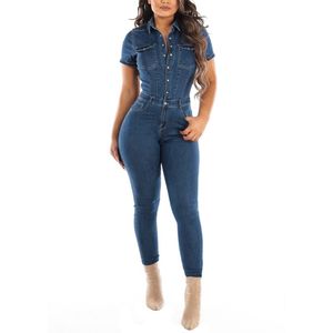 Kobiety Jumpsuits Dżinsy z krótkim rękawem klub nocny Dżinsowe Jumpsuits Rompers Long Pants One Piece Elober Rompers z kieszenią