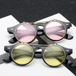 Sonnenbrille 2024 Fashion Vintage Round Steampunk Flip Up klassische Doppelschicht Clamshell Design Sonnenbrille mit Kasten