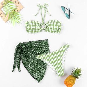 Kvinnors badkläder Green 3 stycken Swimming Suits Women Bandeau Halter Bikinis 2024 Push Up Bathing Girl Skirt Sexig Bikini Set Beach