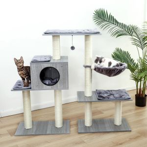 Scratchers Luxury Cat Tree House Kätzchen Jumping natürlicher Kratzerpfosten für Kätzchen Hanging Ball Multifunktionaler Katzenturm Geräumige Hängematte