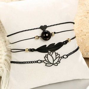 Fußkettchen Damen Perlen Kochbrachanzug hohl Lotus Blatt Fußkette Schwarz geflochten