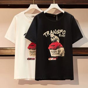 Tシャツ150kgプラスサイズの女性バスト153漫画プリントラウンドネックトップサマールーズショートスリーエレブ付きTシャツブラックホワイト5xl 6xl 7xl 8xl 9xl