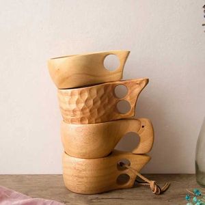 Tumbler handgefertigtes Holz -Tee -Tassen Kaffee tragbare Trinkmilch im Freien mit Griff Home Dekoration Getränk Kuksa Kasa H240506