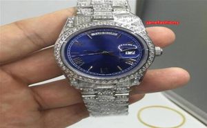 Men039s Watches Full Silver Diamond Rostfri Steel Watch Hiphop Blue Face 36mm Double Calender Automatic Watches1270298