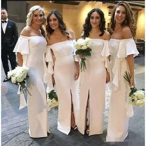 Off Bridesmaid Newest 2020 Shoulder Dresses Short Poet Sleeves Ruffles Front Slit Floor Length Column Maid Of Honor Gown For Country Wedding