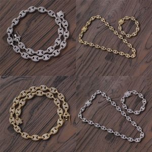 12mm 16-20inch Gold Plated Bling CZ Stone Coffee Bean Chain Necklace Bracelet Rapper Street Jewelry for Men Hot Gift