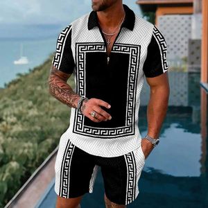 Herrspårsräder med lyxiga retro Polo -skjortor Set Summer Men Polo Shirt Shorts 2 Pieces Set 3D Printed Trun Down Collar Tracksuit Casual Beach Suit T240505