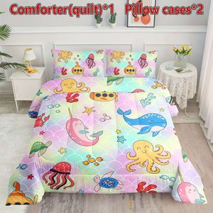 Duvet Cover Bedding Marine life Printed Pattern Quilt with 1 Comforter 2 Pillowcases for Boys and Girls Bedroom All Season