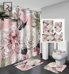 Pink Big Flowers Printed Shower Curtain Set with Rug Antislip Carpet Bathtub Toilet Screen Waterproof Bathroom Decor with Hooks 29332093