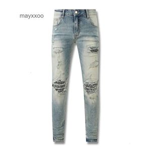 American 2024 Amiirii Fashion Jean Purple Demin Jeans High Mens Street Mud Yellow worn Cashew Flower Broken Hole Patch Live J36U