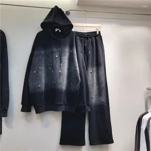 Women's Two Piece Pants Autumn Winter Black Tie Dyed Drilling Diamonds Pullovers Hooded Sweater Tops Wide Legs Sequined Streetwear 2Pcs Set