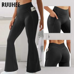 Women's Pants Capris RUUH Flared Leg Leggings Womens Pockets Leggings Fitness Hip Lifting Legging Push Up High Waist Womens Pants Y240504