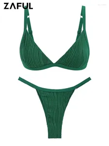 Mutada de banho feminina Zaful Swimsuit Solid Color Wave texturizou Tanga Triângulo de duas peças Bikini Set Bikinis feminino