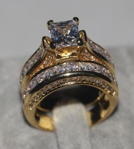 Amantes anel Princesa Corte 2CT 5A Zircão Cz Amarelo Gold 925 Sterling Silver noivado da aliança de casamento Ring para mulheres Men3744696