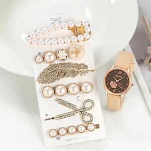 Wristwatches Women Casual Leather Belt Watches And Fashion Jewelry Feather Hair Clips Set Pearl Accessories Quartz Dress Clock