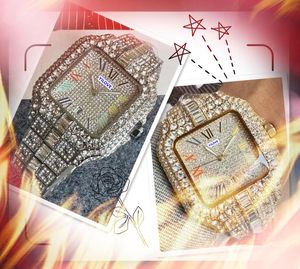 Mens Stylish Square Face Quartz Battery Watches Starry Diamonds Ring Day Date 3 Pins Design rostfritt stål Remkedja armband grossist manliga gåvor armbandsur