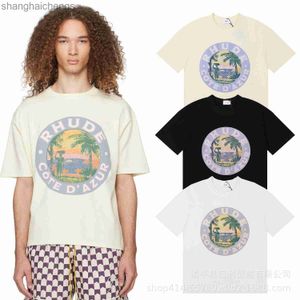 Högkvalitativ original Rhuder Designer T Shirts Meichao High Street Lake Coconut Tree Landscape Printing Pure Cotton Leisure Short Sleeved Tshirt med 1: 1 LOGO