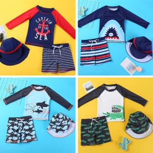 Swimwear Children's Split Bathing Suit Toddler Boys 3PCS Cute Cartoon Pattern Short Sleeve Swimming Set For 112Years Kids Beach Wear