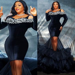 2024 Plus Size Prom Dresses for Black Women Promdress Velvet Long Sleeves Rhinestones Decorated Birthday Dress Second Reception Gowns Engagement Gown AM850
