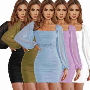 PRIMAÇÃO CASual básica de feminino Spring/verão Novo produto quadrado pescoço flare malha vestido sexy plissout mais vestido de tamanho