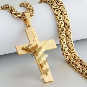 Religious Men Crucifix 14k Yellow Gold Cross Pendant Necklace Heavy Byzantine Chain Necklaces Jesus Christ Holy Jewelry Gifts