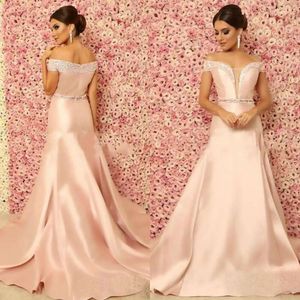 Off Beaded Shoulder Mermaid Elegant Prom Crystals Custom Made Evening Dresses Satin Long Formal Party Gowns