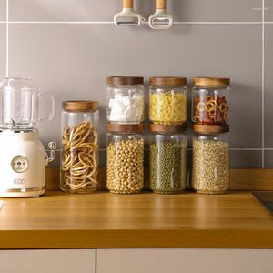 Storage Bottles Acacia Wood Transparent Glass Jar Large Sealed Household Food Fresh-Keeping Moisture-Proof Kitchen Organization