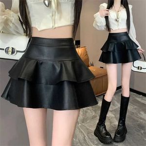 Röcke 2024 Herbst Winter süße Damen kurze Lederröcke Neuankömmlinge schwarze Farbe sexy Mini -Kuchen -Puire für Frauen koreanische Mode