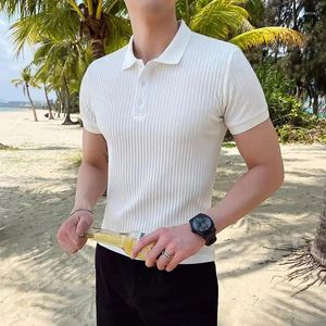 Men's Polos Men Clothing 2024 Summer Fashion Business Casual Polo Collar Ribbed Knit T-shirt Male Retro Simple Solid Slim Short Sleeve Tops