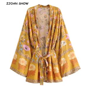 Tişört boho kadın bohem sarı v boyun çiçek baskı kimono gömlek tatil plaj gelgit yay kanatları orta uzun hırka bluz üstleri