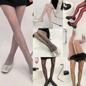 Women Socks Sexy Hollowed Out Sheer Fishnet Mesh Pantyhose Patterned Jacquard Tights Solid Colored Leggings Stocking