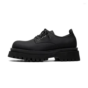 Casual Shoes Height Increasing Platform Leather Men Pure Black Work Without Steel Cap Thick Soles MaFinishing