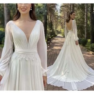 Wedding Bridal Dresses With Beach Boho Gown Long Sleeves Sexy Backless Sweep Train Lace Chiffon Country Garden Custom Made Plus Size Vestidos De Novia