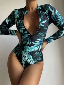 Suits zipper Leaf Printed Swimsuit 2023 Women One Piece Long Sleeve Swimwear Female Bathers Bathing Swimming Suit Beachwear Bodysuit