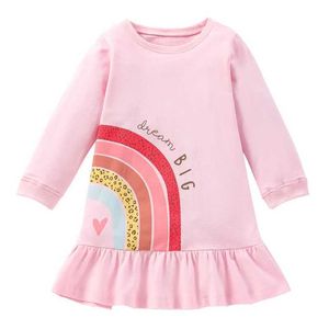 Flickans klänningar Little Maven Baby Girls Dress 2023 New Autumn Girls Elegant Pink Dress Rainbow Prints Childrens Long Sleeve Dresses Cotton Kidsl2405