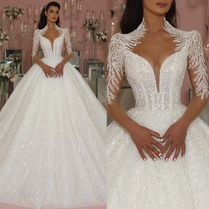 Fashion Wedding Dresses Pearls Sequins Bridal Gowns A Line Sheer Long Sleeve V Neck Custom Made Bride Dress Vestidos De Novia