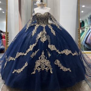 Vestidos de quinceanera azul marinho para 16 garotas do ombro apliques de ouro miçangas Princesa vestidos de bola de aniversário vestidos de xv 15 anos