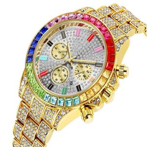 Pintime Luxury Watch Full Crystal Diamond Quartz Calender CWP MENS Titta på dekorativa tre underdialer som lyser män Watches Factory Direct W 311f