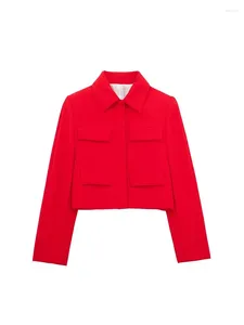بدلات نسائية أزياء النساء مع جيوب حمراء واحدة السترة الصدر عتيقة طية صدر السترة طويلة الأكمام أنثى ملابس أنيقة
