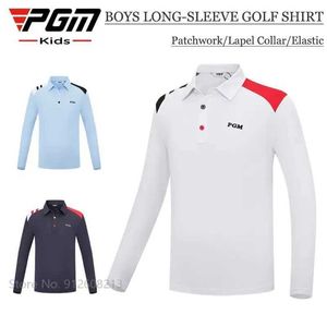 Men's T-Shirts PGM Children T-Shirts Boys Turn-down Collar Shirt Long-slved Elastic Sports Tops Kids Patchwork Soft Sportswear S-XL Y240506