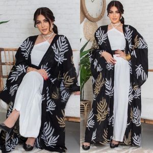 Abbigliamento etnico 2 pezzi Dubai Donne aperte Abaya Mesh ricamato Cardigan Halter Abito set musulmano Kimono Kaftan islamico Jalabiya Eid Ramadan