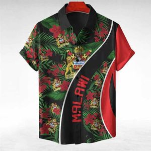 Men's Casual Shirts Malawi Flag Map 3D Print Short Slve Short Slve Casual Hawaiian Lapel Blouse National Emblem Blouses Africa Male Button Tops Y240506